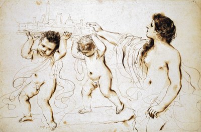 ボローニャ市の紋章、1625年-1629年（ペンと茶色のインク、白い紙に茶色のウォッシュ） 作： Giovanni Francesco Barbieri